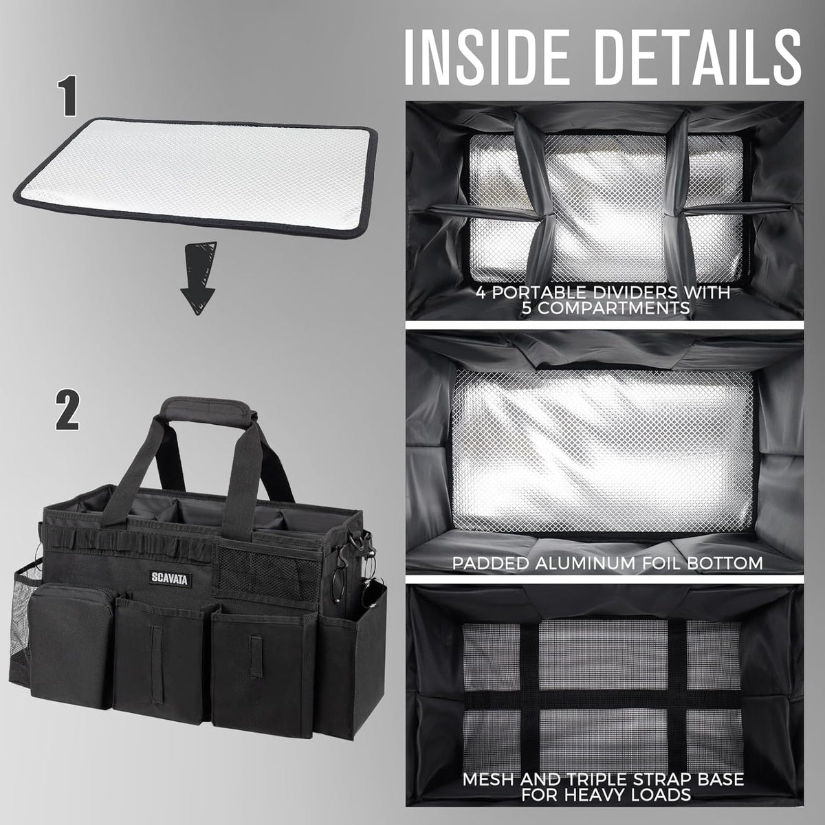 Wearable Cleaning Caddy Bag, Supplies Organizer with Handle & Shoulder Straps for Housekeepers, Under Sink & Car Cleaning Tool Organizer with 4 Foldable Dividers (Black)