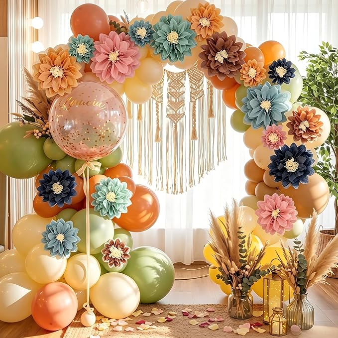 Geyee 18 Pcs Mexican Paper Flowers Colorful Fiesta Tissue Paper Flowers Pom Poms Mexican Carnival for Floral Party Backdrop Wedding Birthday Party Craft(Boho Color,6" 8" 10")