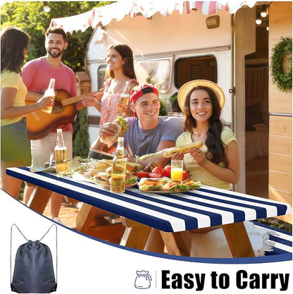 Smiry Picnic Table Cover with Bench Covers, Waterproof Elastic Fitted Tablecloth for 6 Foot Tables, Washable Polyester Tablecloths for Camping, Indoor & Outdoor (Navy Stripe, 30x72 Inch 3-pc Set)