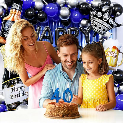 Blue and Black Happy Birthday Decorations for Men with Happy Birthday Banner, Fringe Curtains, Birthday Foil Balloons Kits for 21st,25th 27th 30th 35th 40 50 60th Birthday Party Decorations
