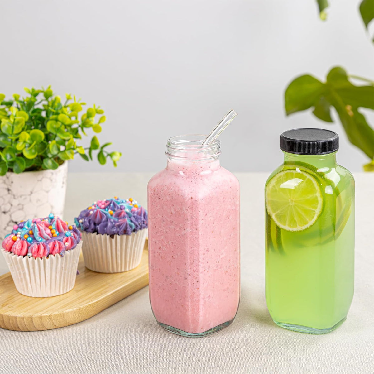 Juice Bottles with Lids, 16 Oz - Set of 8 - Clear Glass Jars with Caps - Reusable Empty Drink Containers for Juicing, Smoothies, Water, Milk