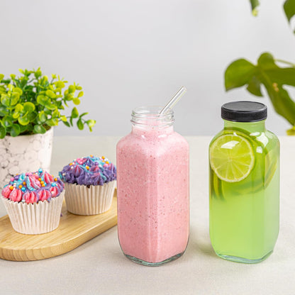 Juice Bottles with Lids, 16 Oz - Set of 8 - Clear Glass Jars with Caps - Reusable Empty Drink Containers for Juicing, Smoothies, Water, Milk