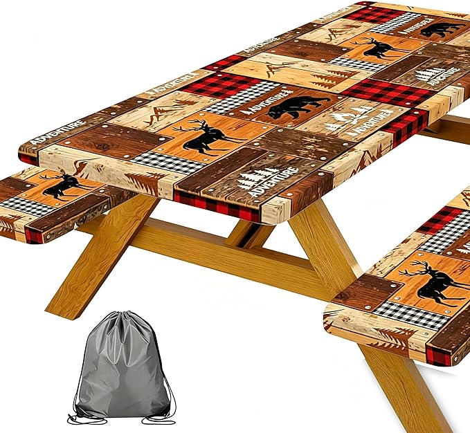 JAWO Rustic Cabin Style Picnic Table Cover with Bench Covers, Elastic Fitted Tablecloth, Lumberjack Buffalo Plaid & Bear Deer Adventure Pattern for Camping, Hunting Trips, 96x30 Inch
