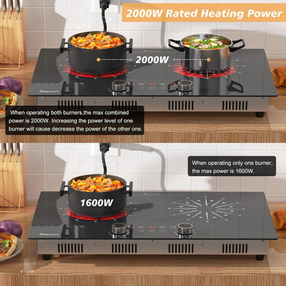 2 Burner Electric Cooktop 110V - 24 Inch Ceramic Stove Top Countertop & Built-in, 2000W Two Burner Radiant Electric Cook Top with LCD Touch & Knob Control, Timer, Safety Lock, 120V Plug in