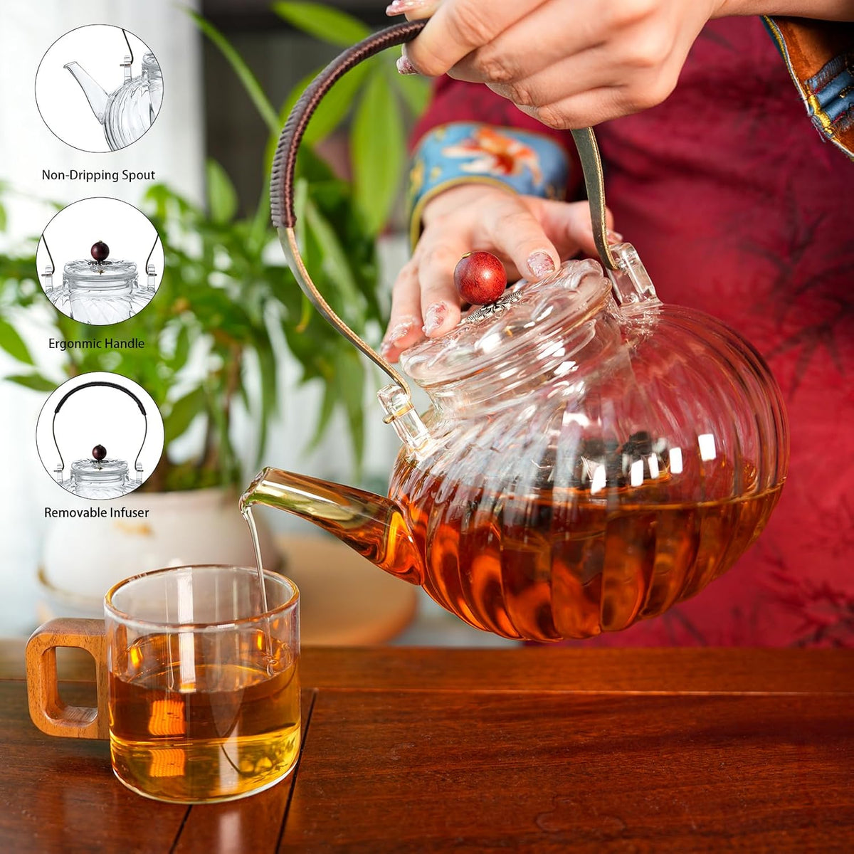 Glass Teapot with Removable Infuser, Stovetop Safe Glass Tea Kettle, 980 ml 33 oz, Clear Teapot for Loose Tea, Tea pot for Blooming Flower Tea and Loose Leaf, Tea Maker Gift