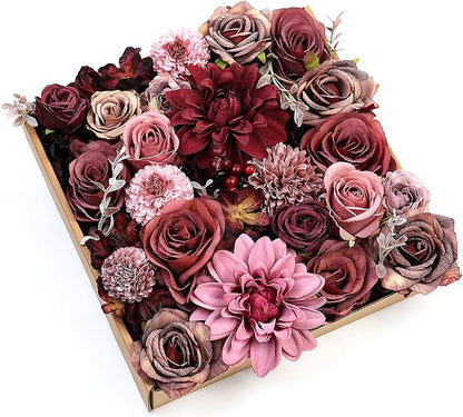 Serra Flora Artificial Flowers Combo Dahlia 25pcs Silk Fake Flowers Roses for DIY Wedding Bouquets Burgundy Centerpieces Arrangements Party Bridal Baby Shower Home Decorations(Burgundy)