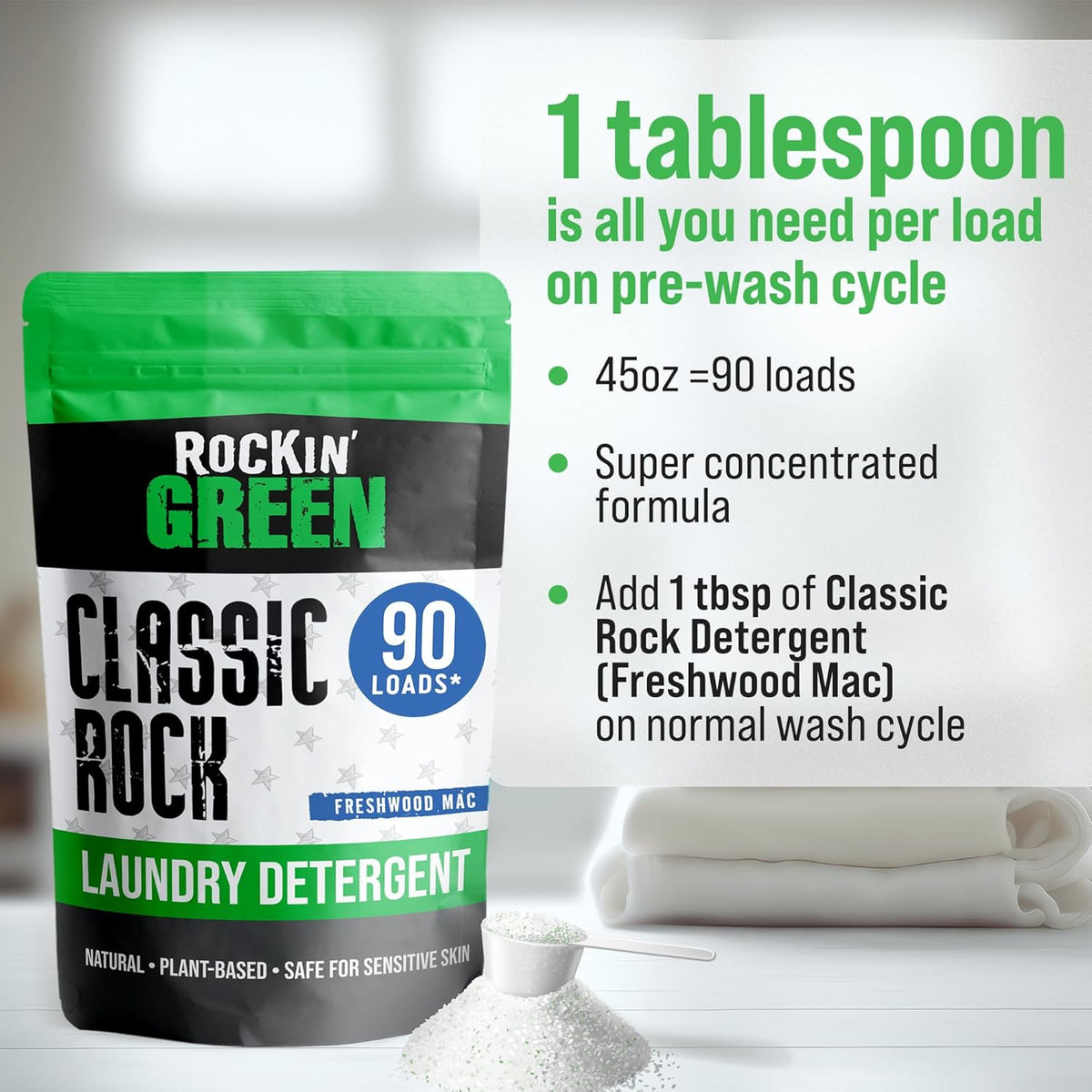 Rockin' Green Classic Rock Laundry Detergent (90 Loads), Plant based, All Natural Laundry Detergent Powder, Vegan and Biodegradable Odor Fighter, Safe for Sensitive Skin, 45 oz (Freshwood Mac)
