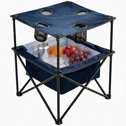 Portable Outdoor Folding Camping Table with 4 Cup Holders & Cooler Compartment, Waterproof Picnic Table for Picnic, BBQ, Beach, Hiking (Navy Blue)