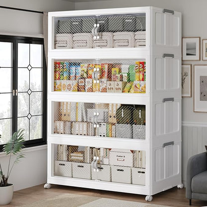 120Gal/480QT 4-Tiers Extra Large Stackable Storage Bins with Lid, Collapsible Cabinet Closet Organizer Plastic Container Box with Wheels Doors Drawers for Living Room Kitchen Office, White