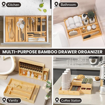 Kitchen Drawer Organizer Bins, Stackable Bamboo Drawer Organizer for Silverware, Flatware, Deep Office Desk Drawer Organizer Tray, Desktop Pen, Office Organization 9" x 6" x 2.5" (Set of 2)