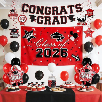 Graduation Decorations 2026, Red Black Graduation Party Decorations Set with Class of 2026 Backdrop Congrats Grad Banner 18inch Foil Grad Star Balloons Hanging Streamers Kit for High School College