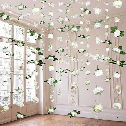 Suncalla 6 Pcs 35.46 ft Flower Garlands Backdrop Spring Artificial Wildflower Vines Floral Decorations for Party Fake Flower Vines Faux Silk Wildflower for Easter Wedding Garden Wall Arch (White)