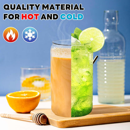Joyclub Glass Cups with Bamboo Lids and Straws 4 Set 16 oz Reusable Iced Coffee Cup Beer Can Drinking Jars for Smoothie Whiskey Boba Soda Tea Gift