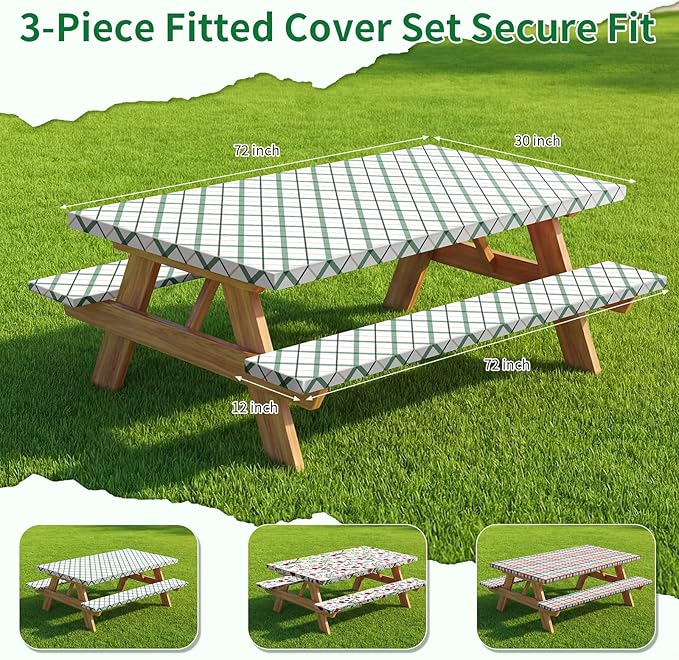 Picnic Table Cover with Bench Covers, Elastic Fitted Spandex Tablecloths for 6 Foot Rectangle Tables, Stretch Washable Patio Tablecloth for Outdoor