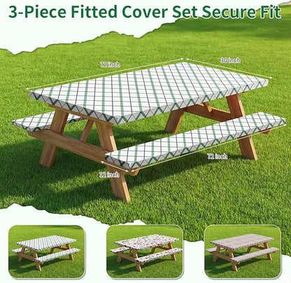 Picnic Table Cover with Bench Covers, Elastic Fitted Spandex Tablecloths for 6 Foot Rectangle Tables, Stretch Washable Patio Tablecloth for Outdoor