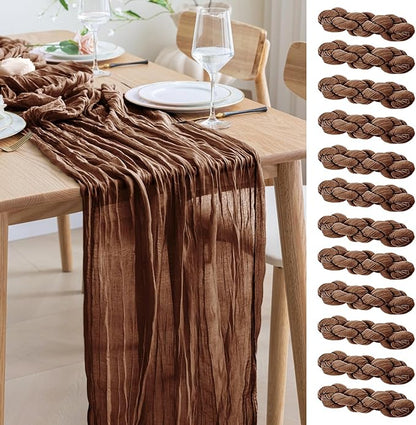 Asee'm 12pcs Cheesecloth Table Runner 120 Inches Long Brown Boho Gauze Cheese Cloth Runner 10FT Rustic Sheer Fall Table Runners for Thanksgiving Christmas Wedding Party Baby Shower Decoration