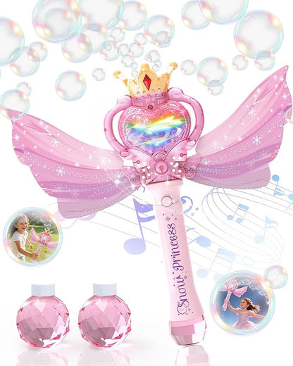 Princess Bubble Wand for Girls, Light Up Bubble Maker with Music & LED Lights, Automatic Bubble Blower Toy with Wings, Leak-Proof Bubble Machine for Kids Outdoor Birthday Party Gifts