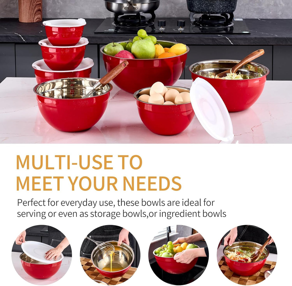 Red Mixing Bowls With Airtight Lids,Stainless Steel Bowl,Salad Bowls 7 Piece Colorful Nesting Bowl Red Kitchen Accessories,Size 7,3.6,2.7,2.1,1.5,1.1