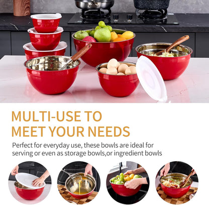 Red Mixing Bowls With Airtight Lids,Stainless Steel Bowl,Salad Bowls 7 Piece Colorful Nesting Bowl Red Kitchen Accessories,Size 7,3.6,2.7,2.1,1.5,1.1