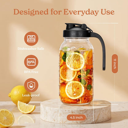 SMIRLY 64 oz Mason Jar Pitcher,Glass Pitcher with Wide Mouth,Water Jug with Double Leak Proof Lid for Iced Coffee,Hot Water,Breast Milk