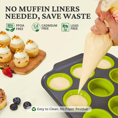 Bronypro Silicone Muffin Pans for Baking with Metal Frame, Egg Bite Maker Silicone Molds, Cupcake Pans 12 Regular Size