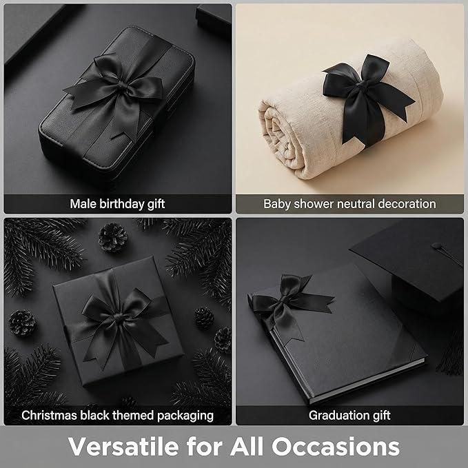 Black Gift Wrap Bows – 100 Pcs 3.3 Inch Elegant Satin Ribbon Bows for Men's Gifts & Black Tie Wedding – Halloween Decor, Formal Events, Gift Wrapping, Party Decorations (Includes 50 Adhesive)