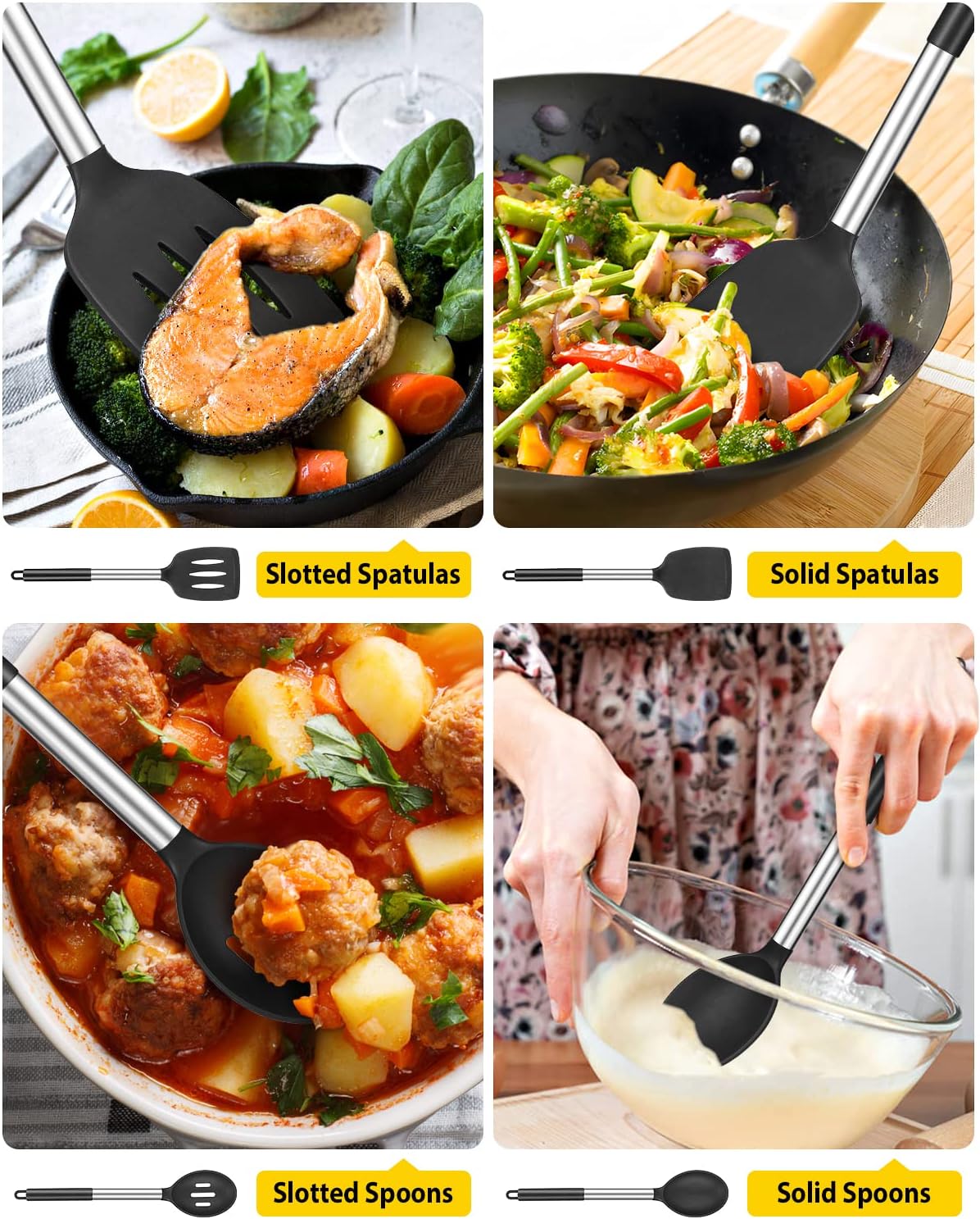 Pack of 4 Silicone Cooking Utensils Set, Non Stick Large Solid Spatulas, Heat Resistant Black Slotted Spoons