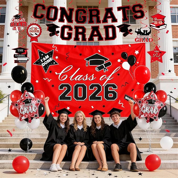 Graduation Decorations 2026, Red Black Graduation Party Decorations Set with Class of 2026 Backdrop Congrats Grad Banner 18inch Foil Grad Star Balloons Hanging Streamers Kit for High School College