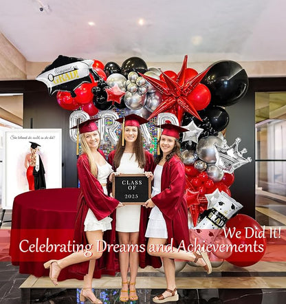 Black red and silver Balloon Garland Arch Kit 130Pcs with red and Silver Stars Graduation Certificate Graduation Cap crown GRAD Letters Mylar Balloons for 2026 GRAD Prom Decorations