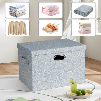 Graciadeco Large 17" 36 Quart Collapsible Stackable Storage Bins with Lids, 3 Packs Blue-Grey Linen Fabric Closet Boxes with Lids, Storage Cube Baskets Container Organizers for Bedroom (17x12x11)
