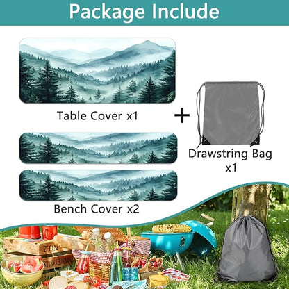 JAWO Green Forest Picnic Table Cover - Fitted Tablecloth with Elastic Edge,Camping Design for Outdoor Camping, BBQ Decor, 72x30 Inch