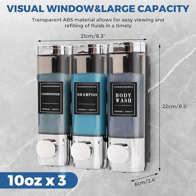 Shampoo and Conditioner Dispenser, No Drill 3 Chamber Shower Soap Dispenser, Wall Mount Refillable Shampoo Conditioner Body Wash Dispenser for Bedroom Hotel