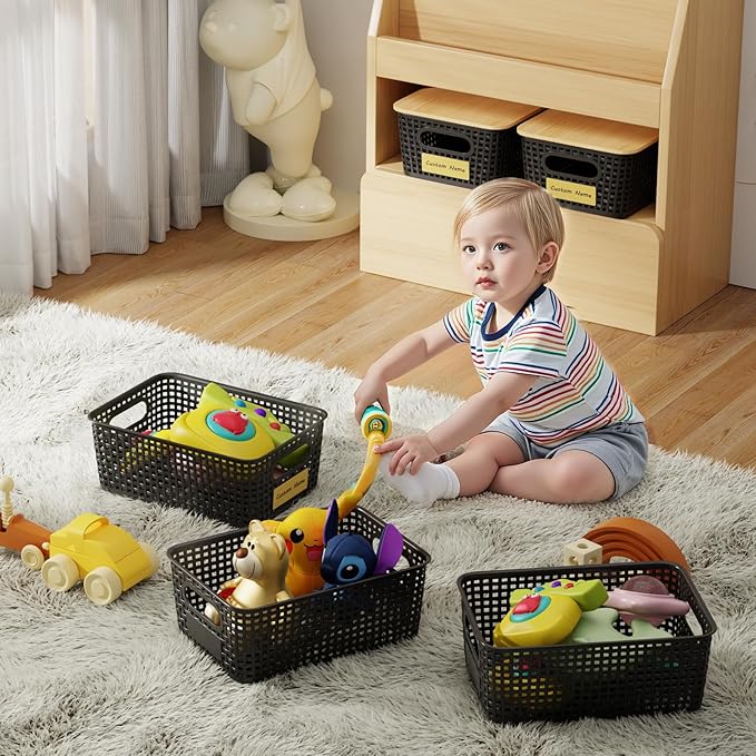 8 Pcs Plastic Storage Bins with Bamboo Lid, Stackable Storage Baskets with Lids & Labels for Organizing, Storage Bins for shelves Office Drawer Cabinet & Pantry Nursery Organization,10.2*7.2*4.1In