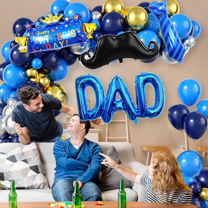Happy Fathers Day Decoration, Navy Blue Father's Day Balloon Arch, Blue Gold Balloon Garland Kit with Beard Tie & DAD Foil Balloons for Happy Father's Day Family Birthday Party Decoration Supplies