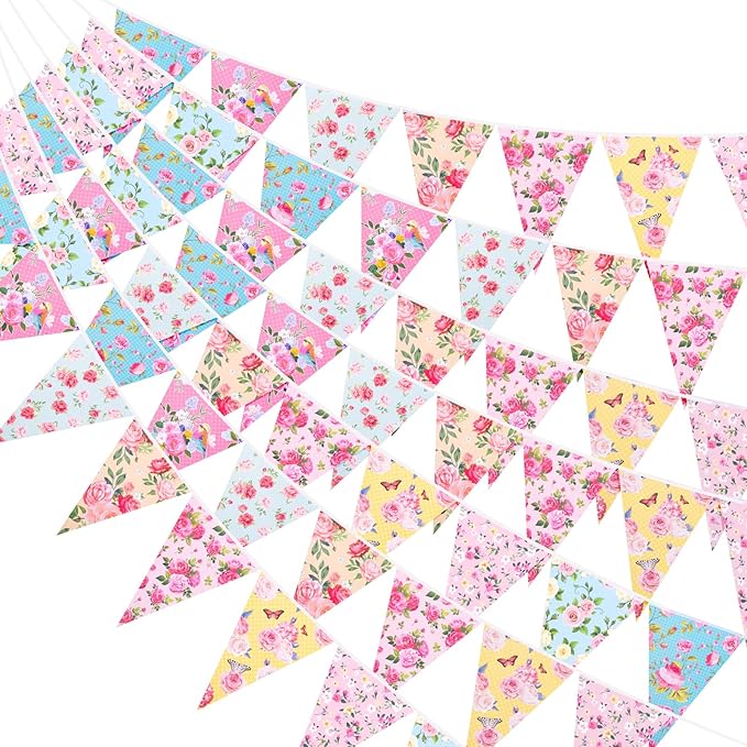 G2PLUS Floral Tea Party Banner, 39Ft Pre-Strung Flower Bunting Garland, Double Sided Paper Pennant Banner Garland for Birthday, Baby Shower, Bridal Shower, Garden, Spring Party Decor (Pink)