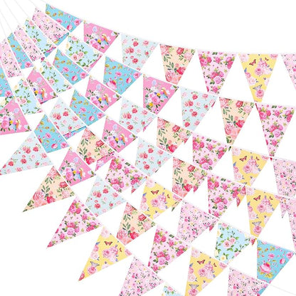 G2PLUS Floral Tea Party Banner, 39Ft Pre-Strung Flower Bunting Garland, Double Sided Paper Pennant Banner Garland for Birthday, Baby Shower, Bridal Shower, Garden, Spring Party Decor (Pink)