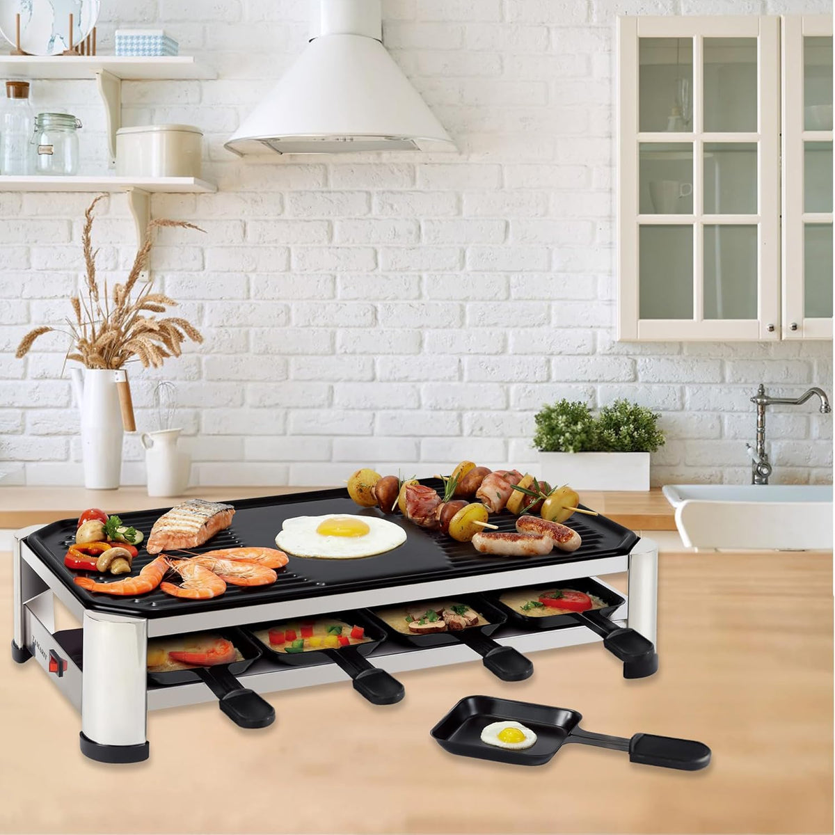 TAMARIT 8-Person Raclette Grill, Electric Party Grill with Nonstick Plate, 8 Pans & Spatulas, 1500 W (Indoor), Stainless Steel