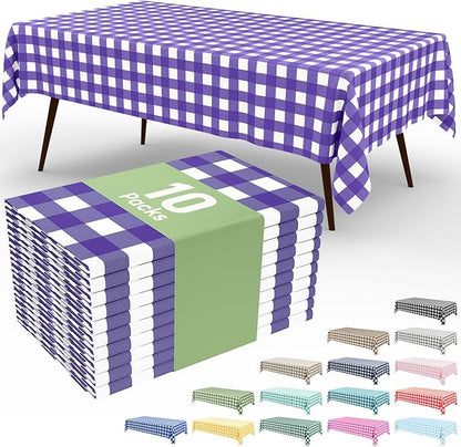Smiry 10 Pack Purple Gingham Disposable Tablecloths - 54" x 108" Heavy Duty Plastic Table Cloth, Waterproof Buffalo Plaid Table Covers for Picnic, Banquets, Parties
