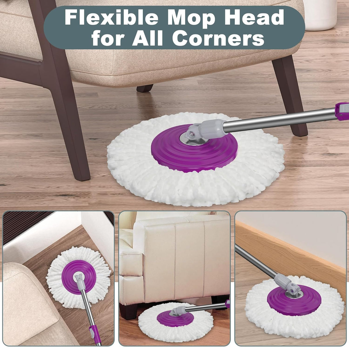 Dual Compartment Spin Mop and Bucket, Mop and Bucket with Wringer Set,360°Rotating Spinning Mopping for Floor Cleaning with 6 Microfiber Replacement Heads, 61" Extended Handle, 2X Wheel