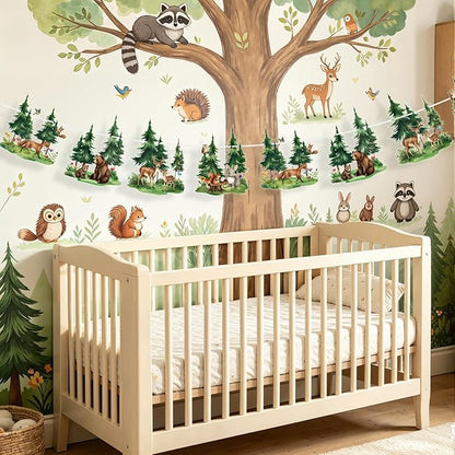 SUNBEAUTY Woodland Animals Banner 6.56FT Babyshower Party Decoration,Waterproof 2-Side Printed Garland Bunting with Tree Bear Fox Deer Rabbit for Kids Nursery Livingroom Gender Reveal Birthday