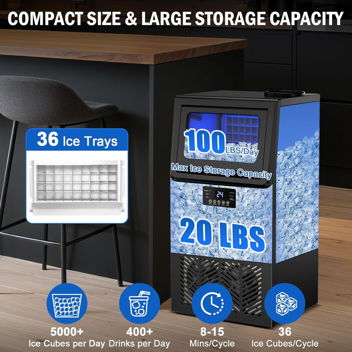Commercial Ice Maker Machine 100 LBS/24H, 36 Ice Trays Freestanding & Undercounter Ice Machine Stainless Steel with 20 LBS Ice Storage Capacity, Ice Maker with Water Line, Dual Water Inlet, Black