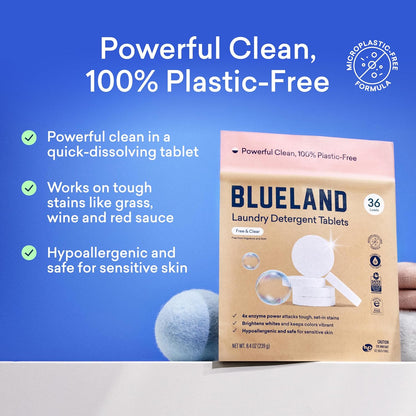BLUELAND Laundry Essentials Kit, Fragrance Free & Clear - Plastic-Free Laundry Detergent Tablets, Oxi Booster, and Reuseable Natural Wool Dryer Balls