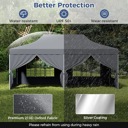 Tangkula 10x20 Ft Pop Up Canopy, UPF 50+ Portable Outdoor Canopy Tent with with 6 Removable Sidewalls, 6 Sandbags, 2 Zippered Door, Windows, Carrying Bag for Party, Wedding, Backyard