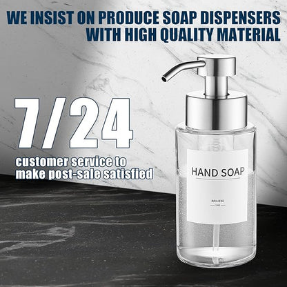 Glass Foaming Hand Soap Dispenser, 10 oz Easy Refill Glass Soap Dispenser, Foam Dispenser with Stainless Steel Pump & Waterproof Labels, Clear Foam Soap Bottle for Bathroom Countertop