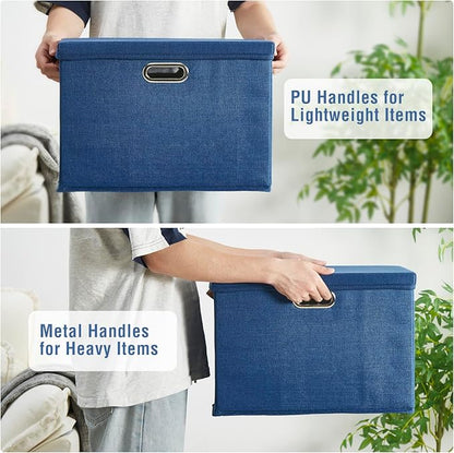 17" Large Collapsible Storage Bins with Lids, Stackable Closet Organizers with PU Handle and Labels, 3-Pack Decorative Fabric Storage Boxes for Home, Bedroom, Closet, Office, Nursery(Navy)