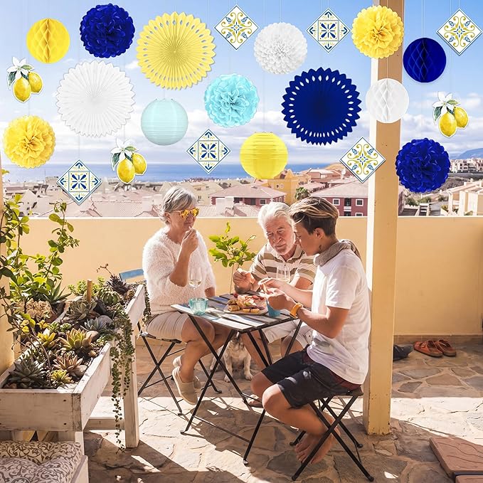 23pcs Amalfi Coast Party Decorations - Capri Lemon Yellow Blue White Hanging Paper Lanterns, Fans, Pom Poms, Honeycomb for Birthday, Baby Shower, Mediterranean, Italian Summer Themed Decor