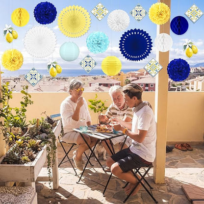 23pcs Amalfi Coast Party Decorations - Capri Lemon Yellow Blue White Hanging Paper Lanterns, Fans, Pom Poms, Honeycomb for Birthday, Baby Shower, Mediterranean, Italian Summer Themed Decor