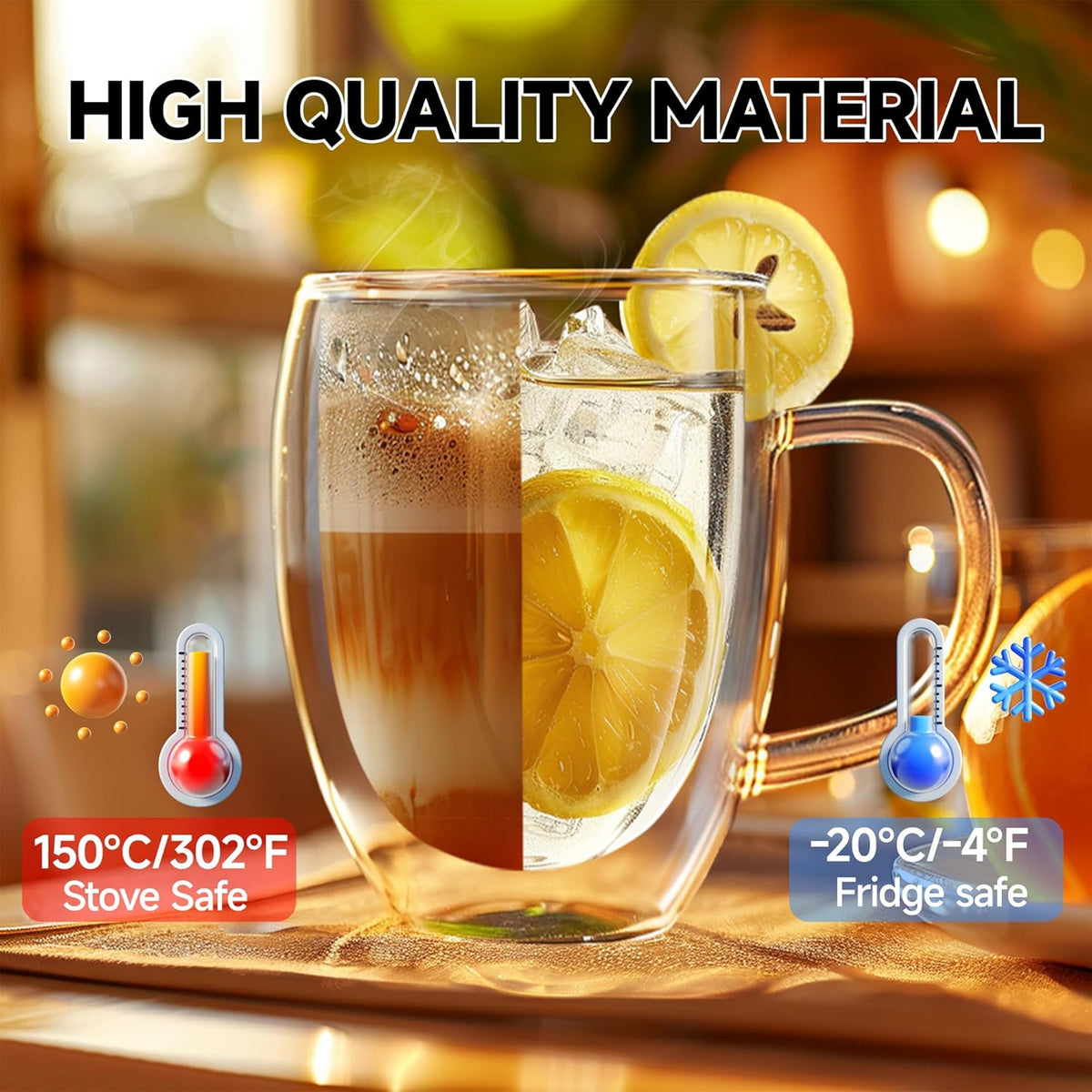 12 Ounces Set of 2 Double Walled Glass Coffee Mugs with Handle Insulated Layer Coffee Cups Borosilicate Glass Espresso Double Insulated Clear Glass