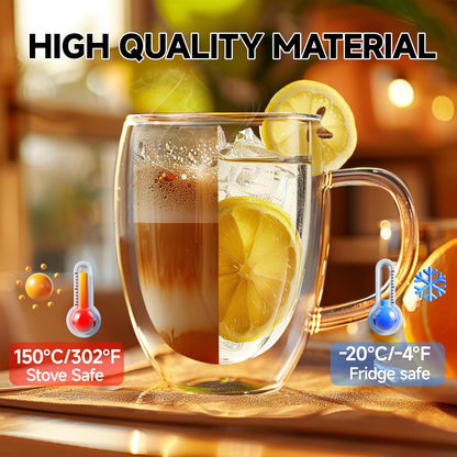 12 Ounces Set of 2 Double Walled Glass Coffee Mugs with Handle Insulated Layer Coffee Cups Borosilicate Glass Espresso Double Insulated Clear Glass