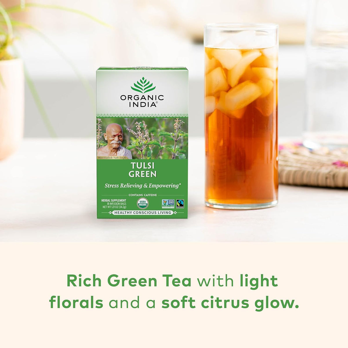 Organic India Tulsi Green Tea Bags - Holy Basil Tea, African Basil, Stress Relieving, Immune Support, USDA Certified Organic, Premium Darjeeling Green Tea, Caffeinated - 18 Infusion Bags, 6 Pack